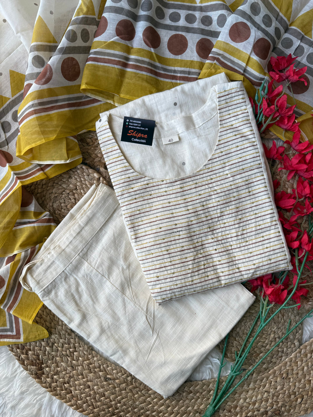 Slub Cotton Kurti Pant Dupatta Set