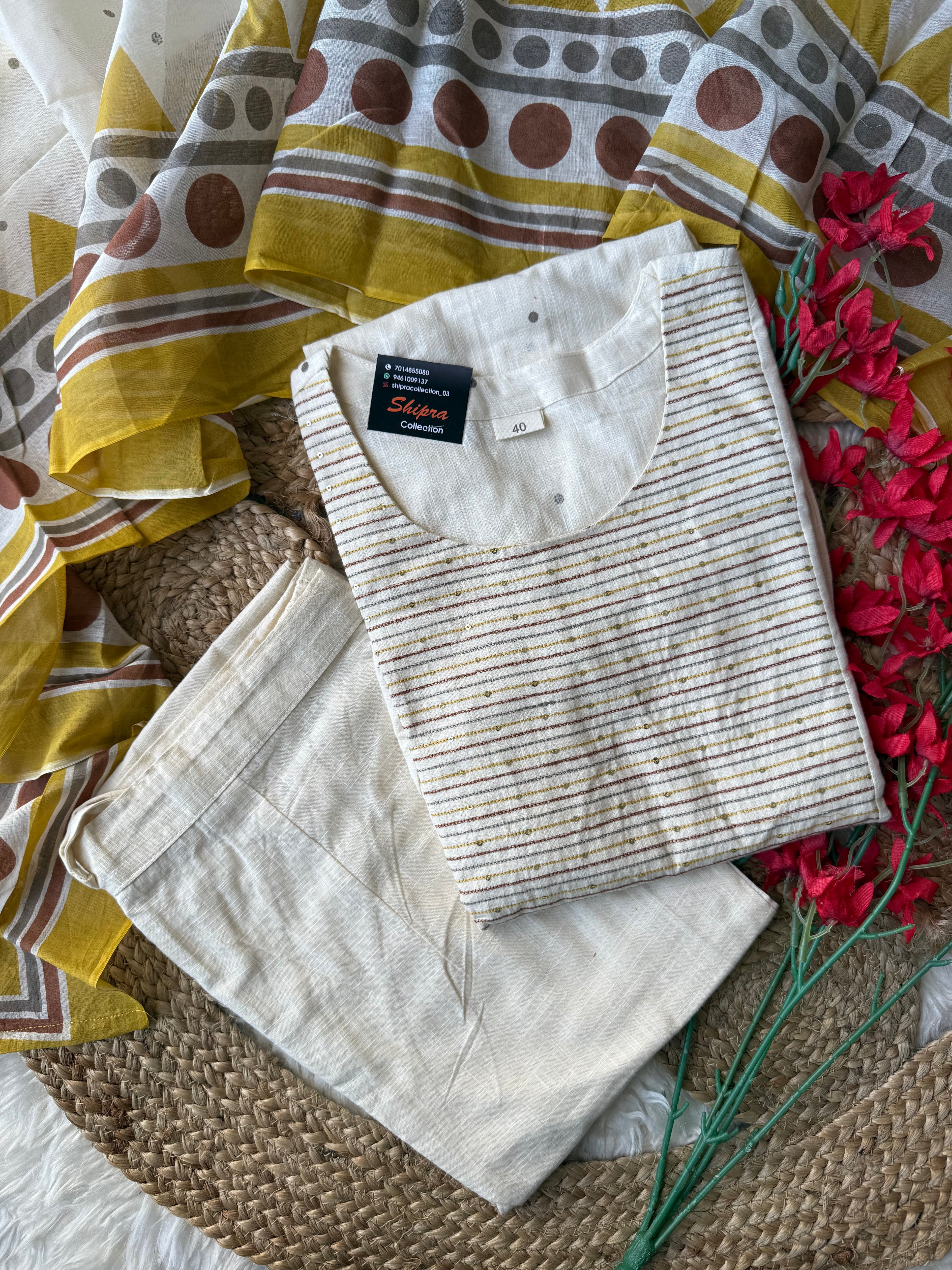 Slub Cotton Kurti Pant Dupatta Set