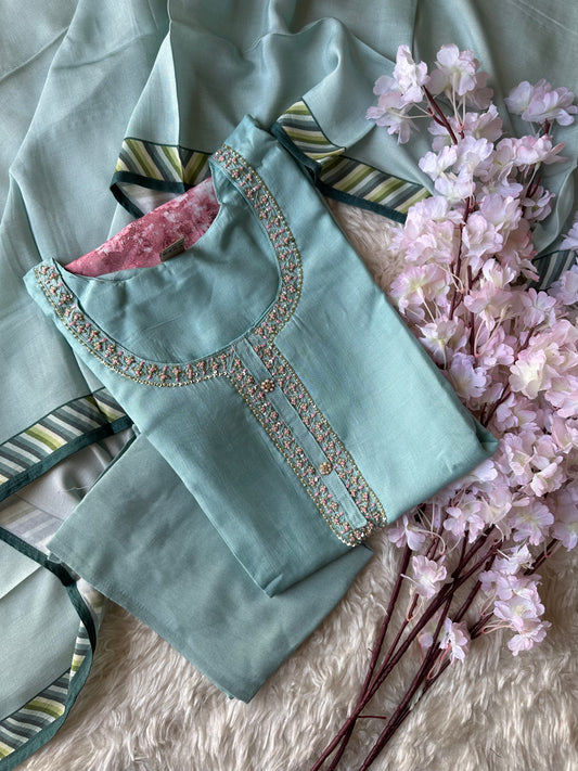 Pure Muslin Silk Kurti Pant Dupatta Set