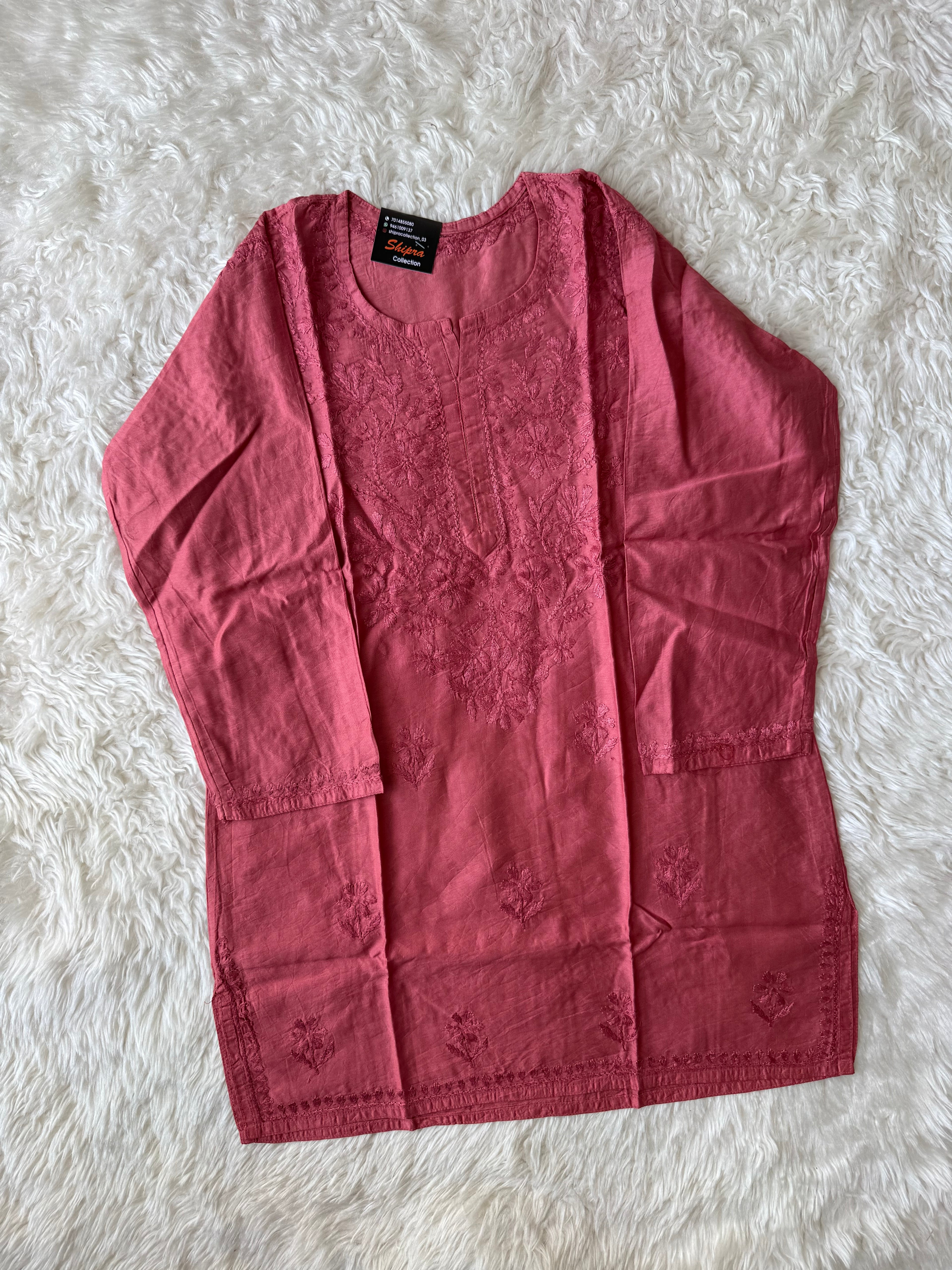 Chanderi Silk Chikankari Short kurti
