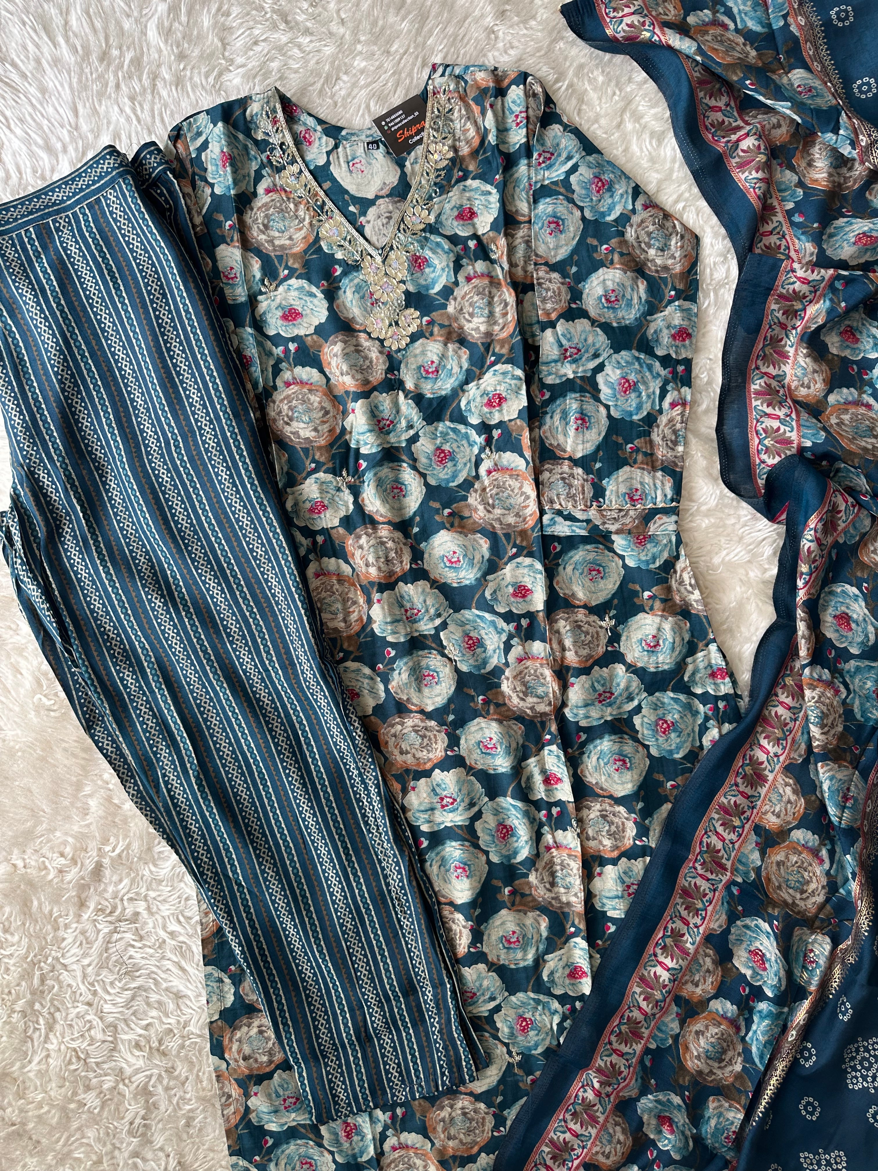 Muslin Silk Kurti Pant Dupatta Set