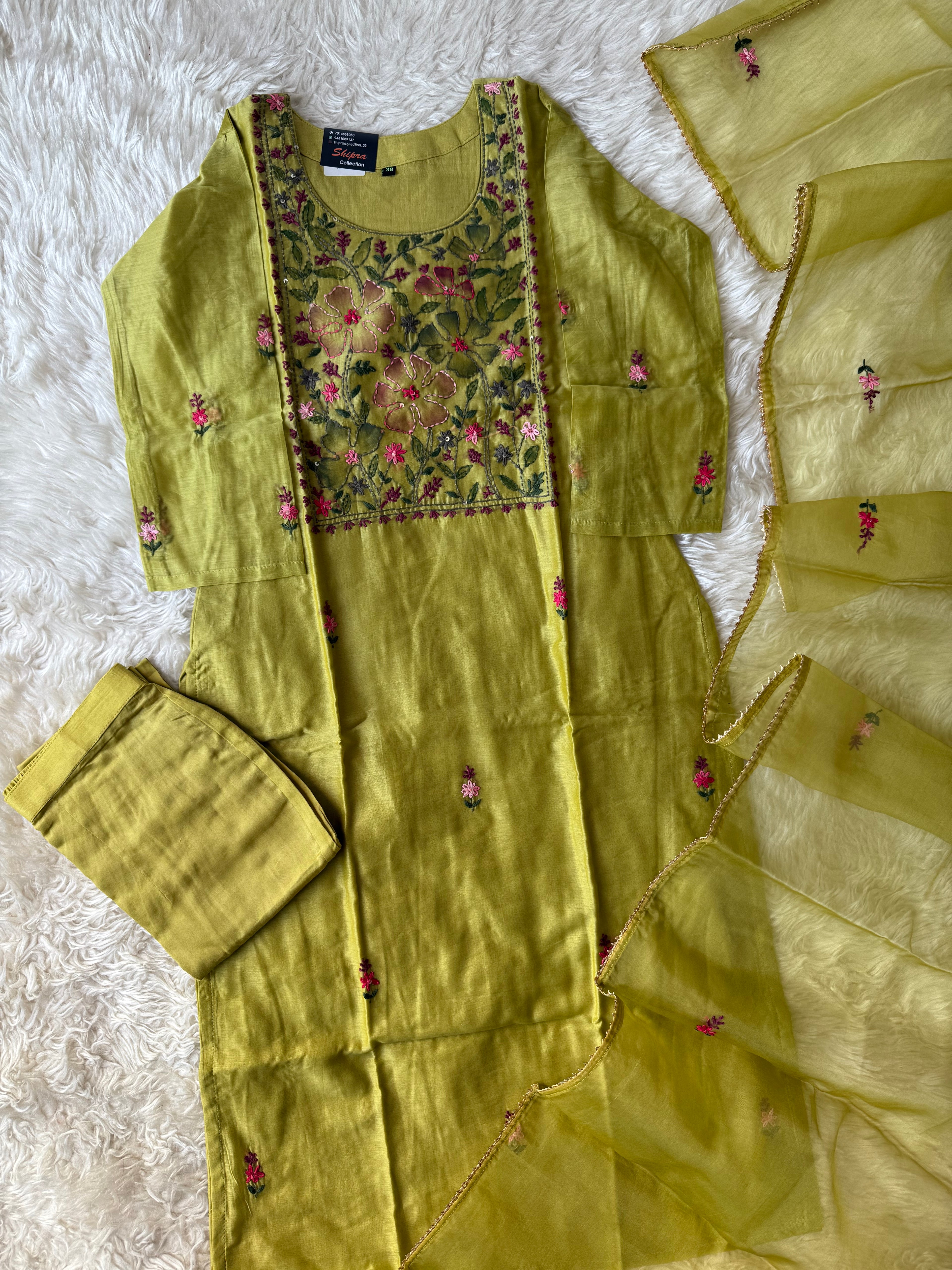 Pure Chanderi Silk Kurti Pant Dupatta Set