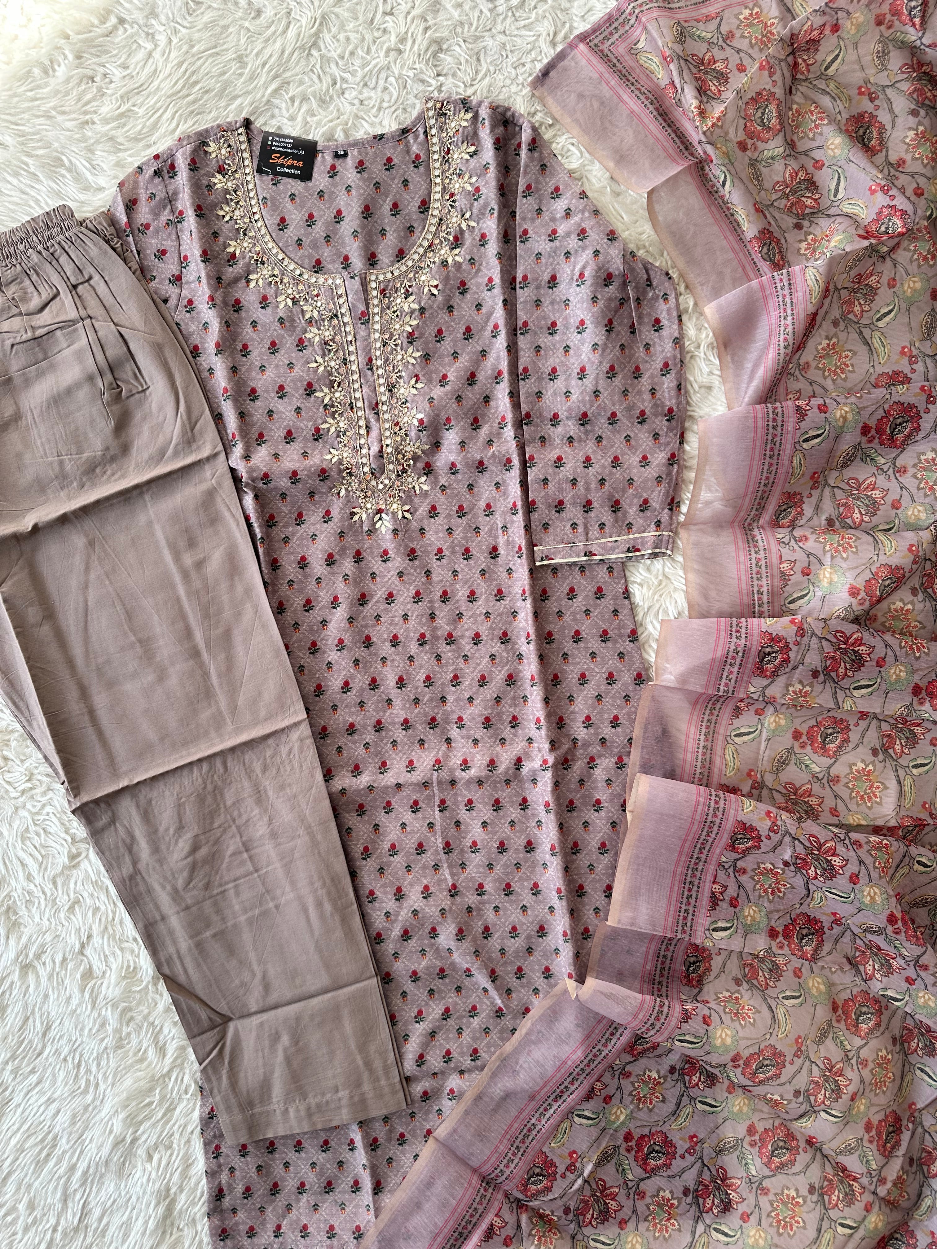 Chanderi Silk Kurti Pant Dupatta Set