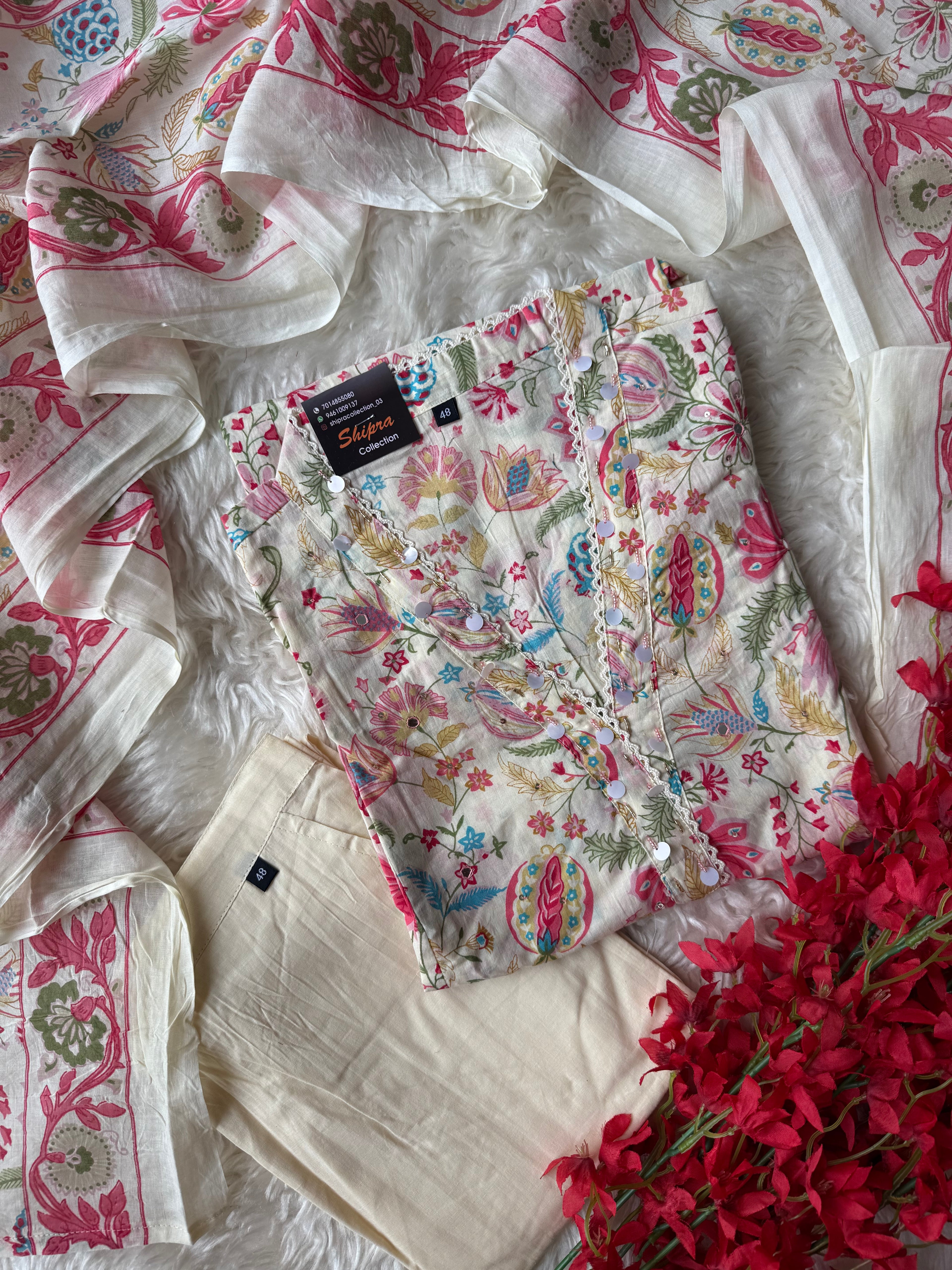 Premium Cotton Aline Kurti Pant Dupatta Set