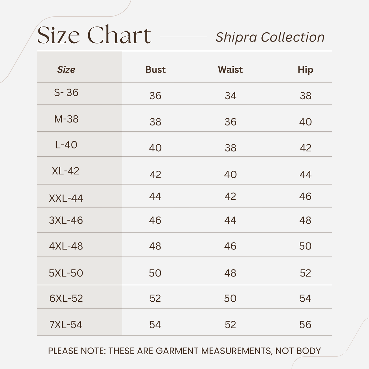 Pure Collection Sizes Chart Organic Cotton One Piece – Shipra Collection